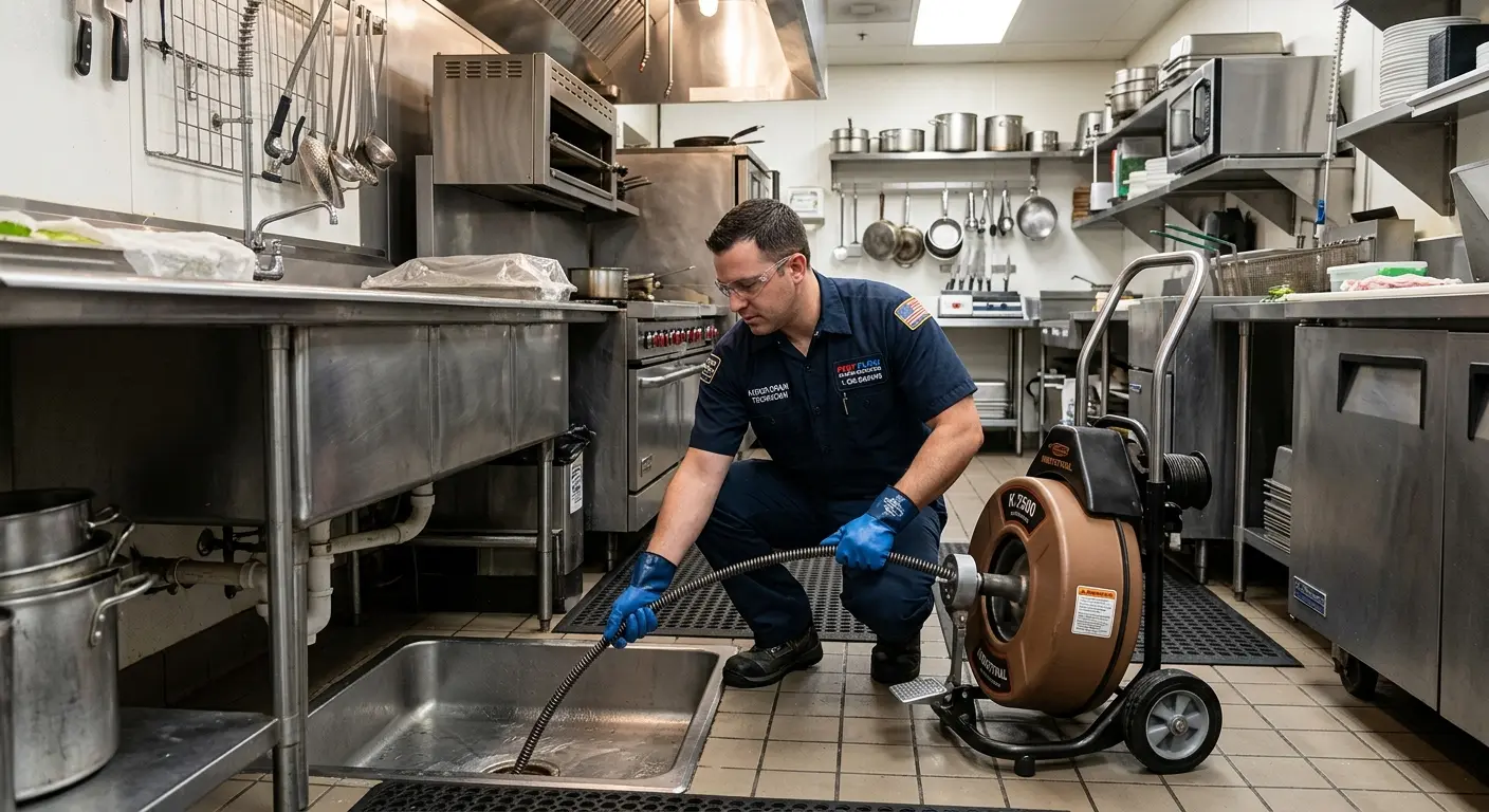 Commercial drain cleaning service in a restaurant kitchen in Kingston