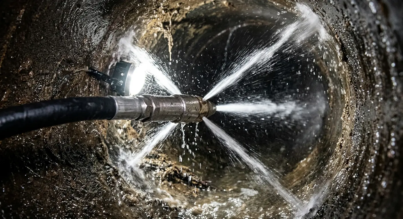 High-pressure hydro jetting nozzle cleaning sewer pipe for Sewer Cleanout in Kingston