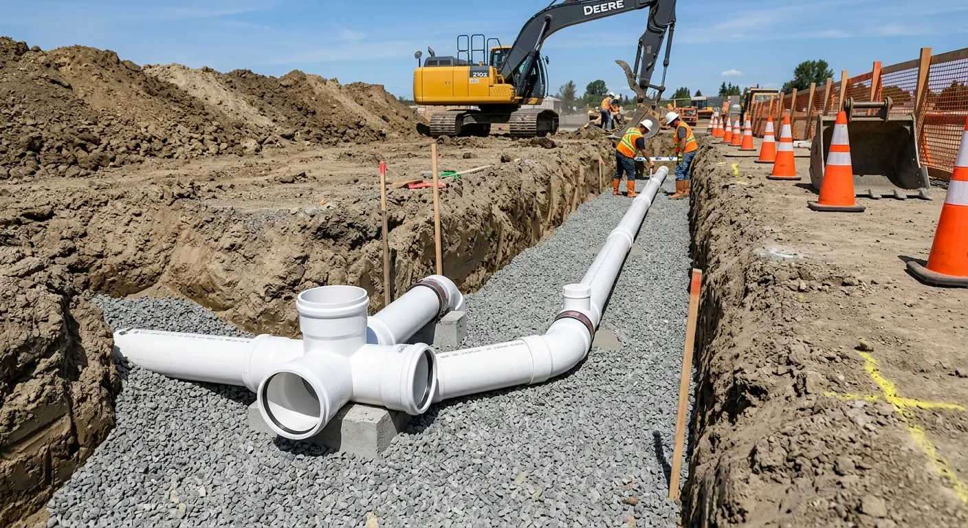New PVC sewer pipe installation in open trench for Sewer Backup in Kingston