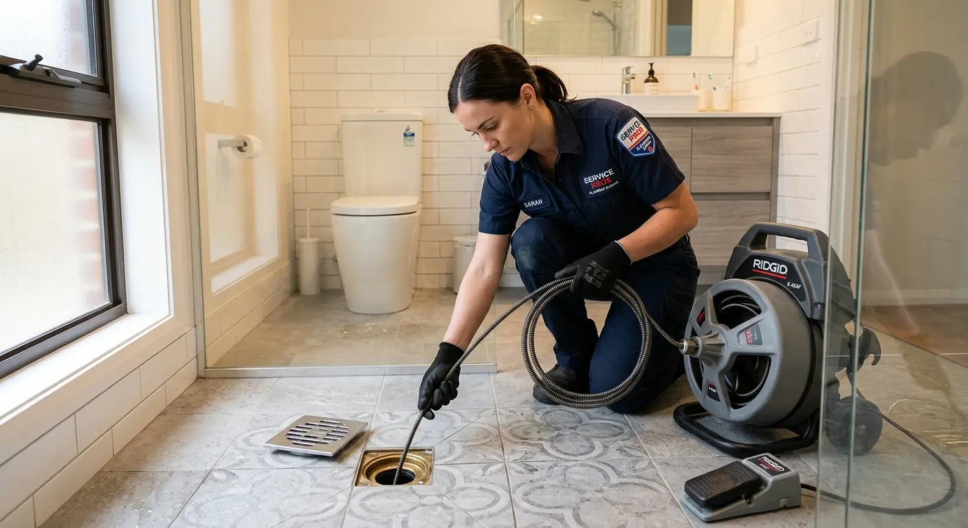 Technician clearing a bathroom floor drain for Drain Cleaning in Kingston
